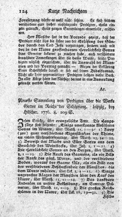 Neueste Sammlung von Predigten über die Werke Gottes im Reiche der Schöpfung.