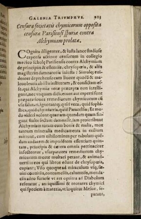 Censura societatis chymicorum opposita censuræ Parisiensi spuriæ contra Alchymiam prolatæ.