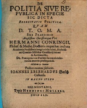 De Politia Sive Republica In Specie Sic Dicta Exercitatio Politica