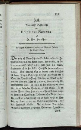 XII. Anatomisk Beskrivelse over Delphinus Phocæna.