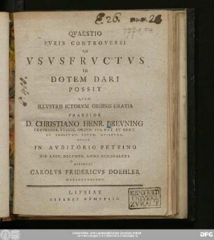 Qvaestio Ivris Controversi An Vsvsfrvctvs In Dotem Dari Possit