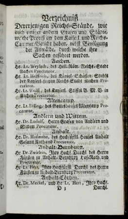 Verzeichniß Dererjenigen Reichs-Stände, wie auch einiger andern Grafen und Städte, welche Proceß an dem Kaiserl. und Reichs-Cammer-Gericht haben,[...]
