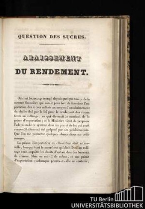 Question des sucres. Abaissement du rendement