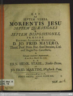 Ad Septem Verba Morientis Jesu Septem Quaestiones & Septem Dispositiones