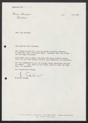 Brief an Ioan Holender, 13.04.1991