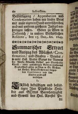 Summarischer Extract und Auszug des Ablasses, Confirmation, und Gnaden-Briefes, [...]