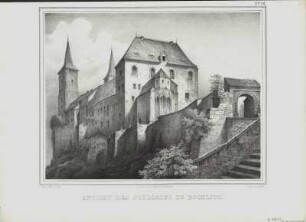 Ansicht des Schlosses zu Rochlitz, Lithografie, um 1838 : Ansicht des Schlosses zu Rochlitz / Gez. v. Patzschke. Lith. v. Loeillot. - [Leipzig] ; Berlin : L. Sachse , [um 1838]. - 1 Kunstbl. : Lithographie ; 25 x 20 cm +++ Auch enth. in: Denkmale der Baukunst des Mittelalters in Sachsen. - Oben rechts: No.14