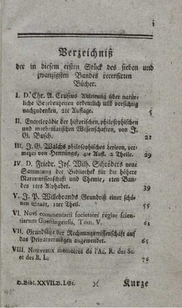 Verzeichniß der in diesem ersten Stück des sieben und zwanzigsten Bandes recensirten Bücher.