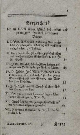 Verzeichniß der in diesem ersten Stück des sieben und zwanzigsten Bandes recensirten Bücher.