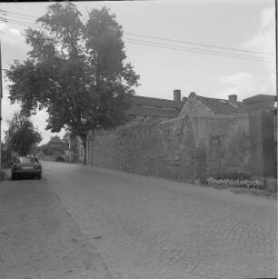 Ehemaliges Kammergut, Begrenzungsmauer und Dach der ehemaligen Mälzerei : Dresden-Pillnitz, Dampfschiffstraße 2. Ehem. Kammergut. Großer Pferdestall (1872)