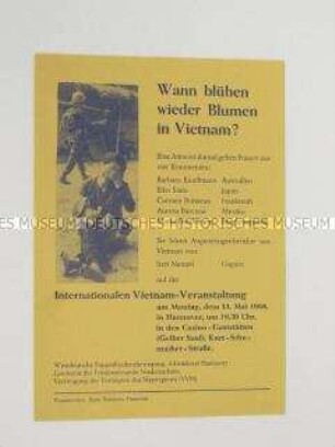 Propagandaflugblatt westdeutscher Friedensbewegungen mit einer Ankündigung einer internationalen Vietnam-Veranstaltung