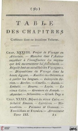 Table des chapitres, contenus dans ce troisième Volume