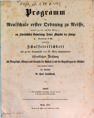 Programm der Realschule Erster Ordnung zu Neisse : für das Schuljahr .... 1869