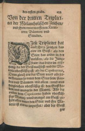 Von der dritten Triplicitet der Melancholischen Zeichen/ und ihren unterworffenen Kreuttern/ Bäumen/ und Stauden.