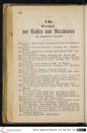 VII. Verzeichniß der Cassen und Recepturen von allgemeinem Interesse.