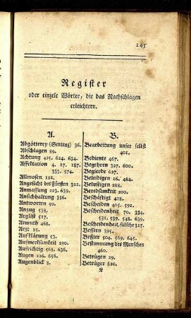 Register oder einzelne Wörter, die das Nachschlagen erleichtern.