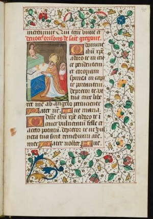 Bordürenseite mit Miniatur (Gregorsmesse) und Fadenrankenbordüre