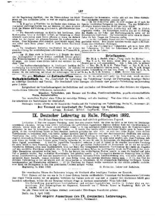 IX. Deutscher Lehrertag zu Halle, Pfingsten 1892