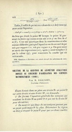 Solution de la question de géométrie analytique donnée au concours d'agrégation des sciences mathématiques (1886).