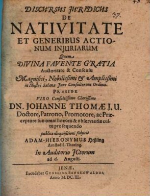 Discursus iuridicus de nativitate et generibus actionum iniuriarum