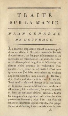 Traité sur la manie : Plan général de l'ouvrage