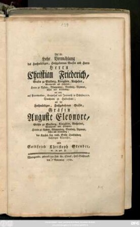 Auf die Hohe Vermählung des Hochwürdigen, Hochgebornen Grafen und Herrn Herrn Christian Friederich, Grafen zu Stolberg, ... und der Hochwürdigen, Hochgebohrnen Gräfin, Gräfin Auguste Eleonore, Gräfin zu Stolberg, ...