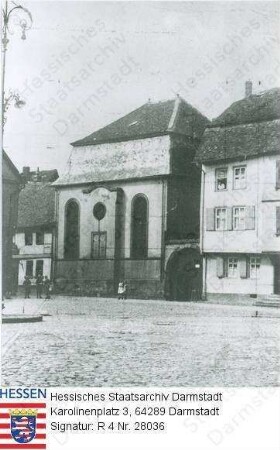 Dieburg, Synagoge am Marktplatz / (1868 erworben und umgebaut, 1929 abgebrochen) / Vorderansicht