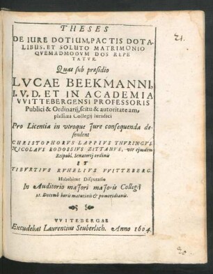 Theses De Iure Dotium, Pactis Dotalibus, Et Soluto Matrimonio Quemadmodum Dos Repe Tatur