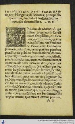 Invictissimo Regi Ferdinando, regi Hungariae & Bohemiae.
