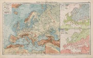 Europa, Bodengestalt und Gewässer. I. Linien gleicher Temperatur (Isothermen) der Luft im Januar, II. Linien gleicher Temperatur (Isothermen) der Luft im Juli