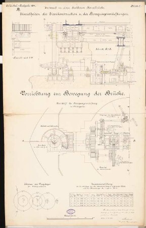 Drehbare Kanalbrücke Schinkelwettbewerb 1894: Vorrichtung zur Bewegung der Brücke. Grundriss, Schnitt, Details 1:15