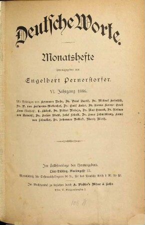 Deutsche Worte : Monatshefte. 6. 1886