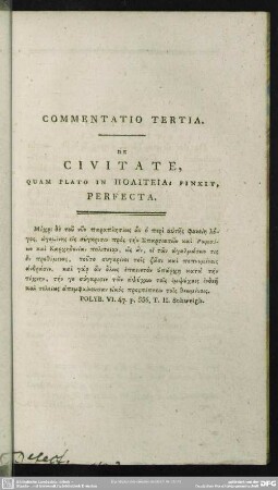 Commentatio Tertia. De Civitate, Quam Plato in Politeiai Finxit, Perfecta