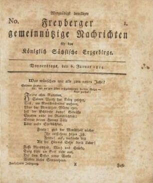 15.1814: Freiberger gemeinnützige Nachrichten für das Königl. Sächsische Erzgebirge