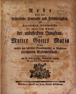 Rede über die brüderliche Eintracht und Friedfertigkeit