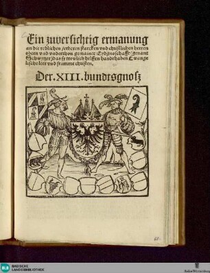 13: Ein zuversichtig ermanung an die redlichen, erberen starcken vnd christlichen herren obern vnd vnderthon gemainer Eydgnoschafft (genant Schwytzer) das sy trewlich helffen handthaben Ewangelische leer vnd frumme christen