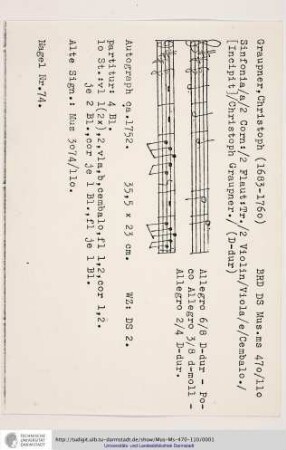 Sinfonia / a / 2 Corn: / 2 Flaut: Tr. / 2 Violin / Viola / e / Cembalo. / [Incipit] / Christoph Graupner.