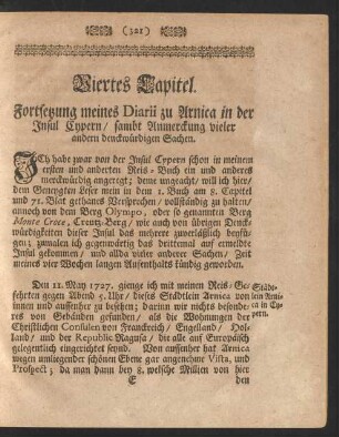 Viertes Capitel. Fortsetzung meines Diarii zu Arnica in der Insul Cypern ...