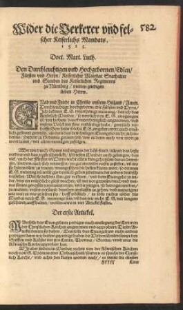 Wider die Verkerer und felscher Keiserlichs Mandats. 1523.