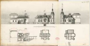 Bildhaueratelier Monatskonkurrenz April 1885: Grundriss Keller, Erdgeschoss, Aufriss Vorderansicht, Rückansicht, Seitenansicht, Längsschnitt; 2 Maßstabsleisten