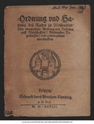 Ordnung vnd Sa=||tzung deß Raths zu Weissenfels/|| Von vbermessiger Kleidung vnd Vnkosten || auff Wirtschafften/ Kindteuffen/ Be-||grebnissen/ vnd andern zusam=||men künfften.||