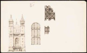 Kirche im Rundbogenstil: Perspektivische Ansicht der Zweiturmfassade mit Vorhalle und hohem Vierungsturm, Details der (farbigen) Glasfenster