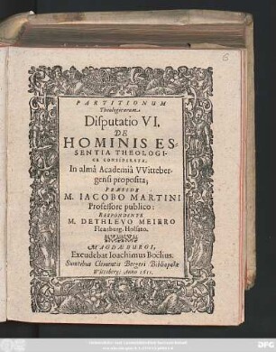 Partitionum Theologicarum Disputatio VI. De Hominis Essentia Theologice Considerata