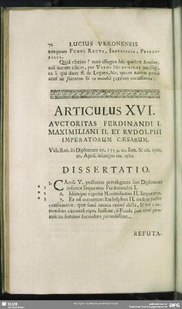 Articulus XVI. Auctoritas Ferdinandi I. Maximiliani II. Et Rudolphi Imperatorum Caesarum