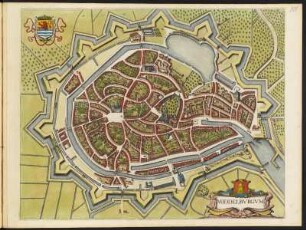 Stadtplan von Middelburg, 1:4 000, kolorierter Kupferstich, um 1657 : Middelburgum. [Ca. 1:4.000] / [Amsterdam] : [Ioannes Ianssonius], [1657]. - 1 Vogelschaukarte : 1 Kupferst. ; 51,8 x 41,0 cm. - Mit 2 Wappen - Titel unten rechts. - Vermutl. aus: Theatrum Urbium Celebriorum totius Belgii Sive Germaniae Inferioris [Theatrum / 4] / Jansson, Jan. - Amstelodami//Amsterdam : Ioannes Ianssonius, 1657