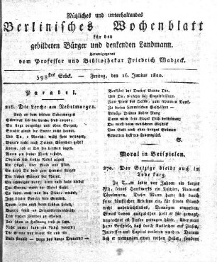 598stes Stueck, Freitag, den 16. Junius 1820