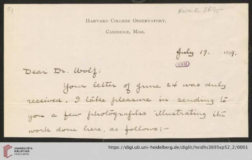 Briefe von Edward Charles Pickering an Max Wolf: Brief von Edward Charles Pickering an Max Wolf