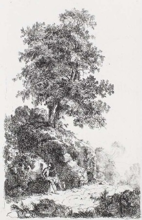 Landschaft mit Baum und ausruhendem Wanderer