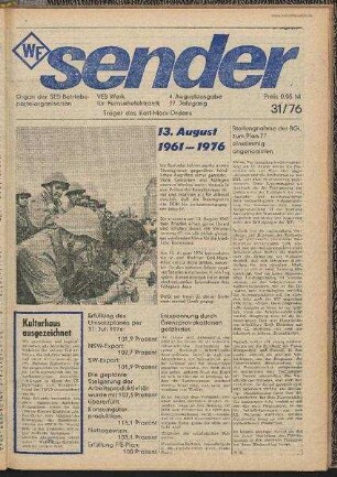 Betriebszeitung 'WF-Sender', Nr.31/1976 (4. Augustausgabe 1976)