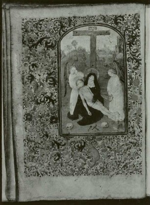 Horarium latinum, genannt Dresdner Gebetbuch : Illuminierte Seite mit Beweinung Christi. Blatt 88 aus: Horarium latinum (Stundenbuch), genannt Dresdner Gebetbuch. Niederländisch, um 1500. Wasserfarben auf Pergament; 13,5 x 9,5 cm. Dresden: SLUB Mscr.Dresd.A.311